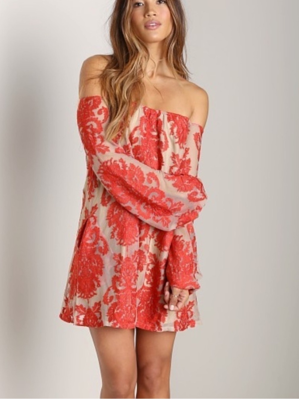 For Love and Lemons Precioso Red Lace Off-Shoulder Mini Sheer Dress